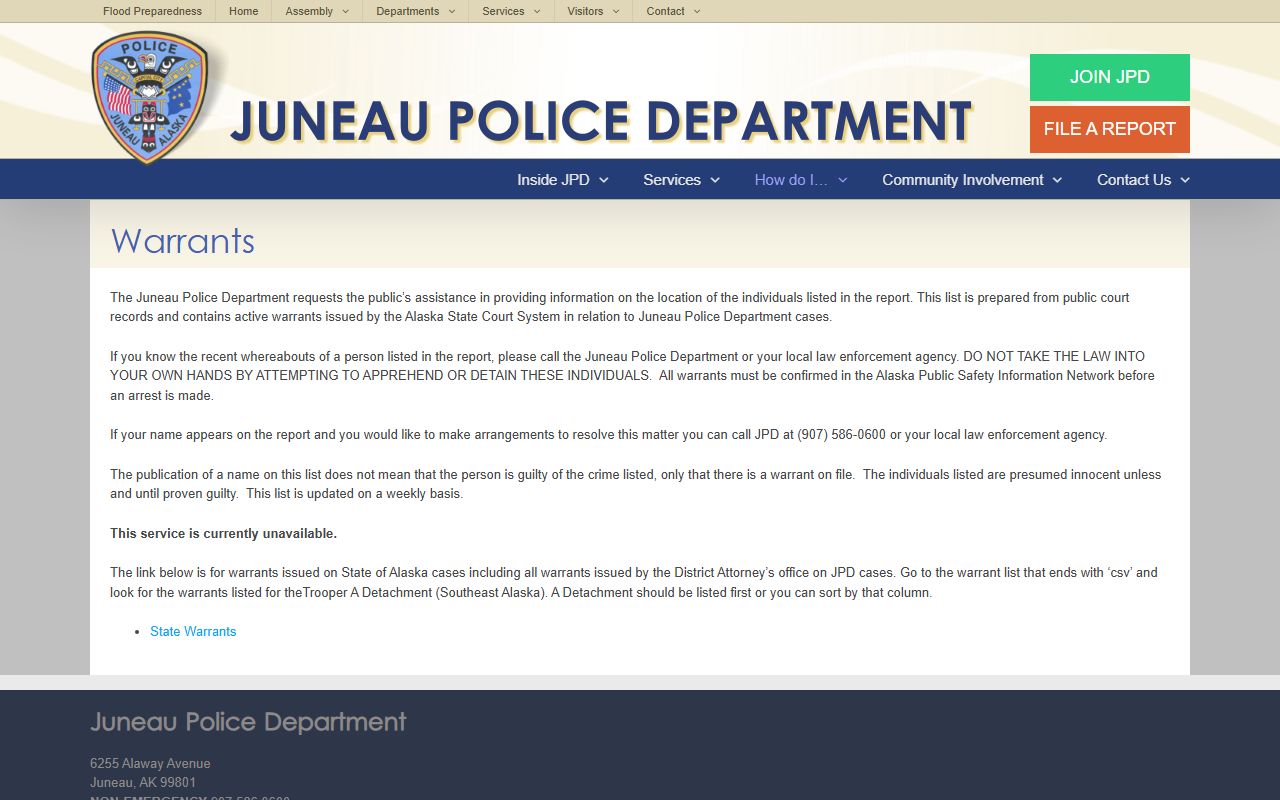 Juneau City and Borough warrant records and official police warrant notice